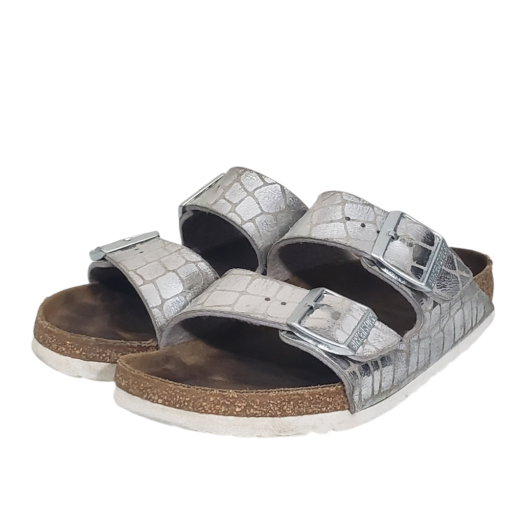BIRKENSTOCK Arizona Gator Gleam Silver Slides Women's Size 37 or US 6